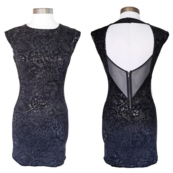 Alice + Olivia Black Sequin & Velvet Mini Dress Size XS Open Back Party Glam - Picture 1 of 13
